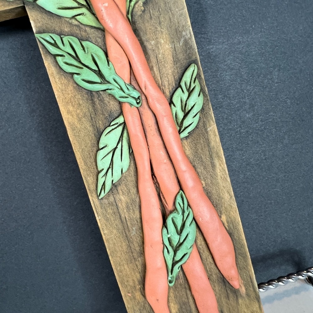 Handmade Wooden Floral Wall Cross Clay Flowers Rustic Folk Art Decor 12" x  7" - Picture 3 of 7